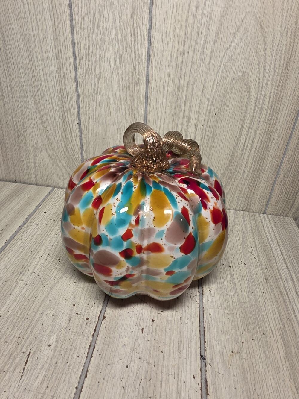 Multi Colored Speckled Art Glass Pumpkin Lighted Halloween Thanksgiving Festive